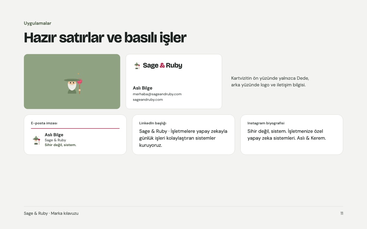 Uygulamalar: kartvizitin iki yüzü, e-posta imzası, LinkedIn başlığı ve Instagram biyografisi.