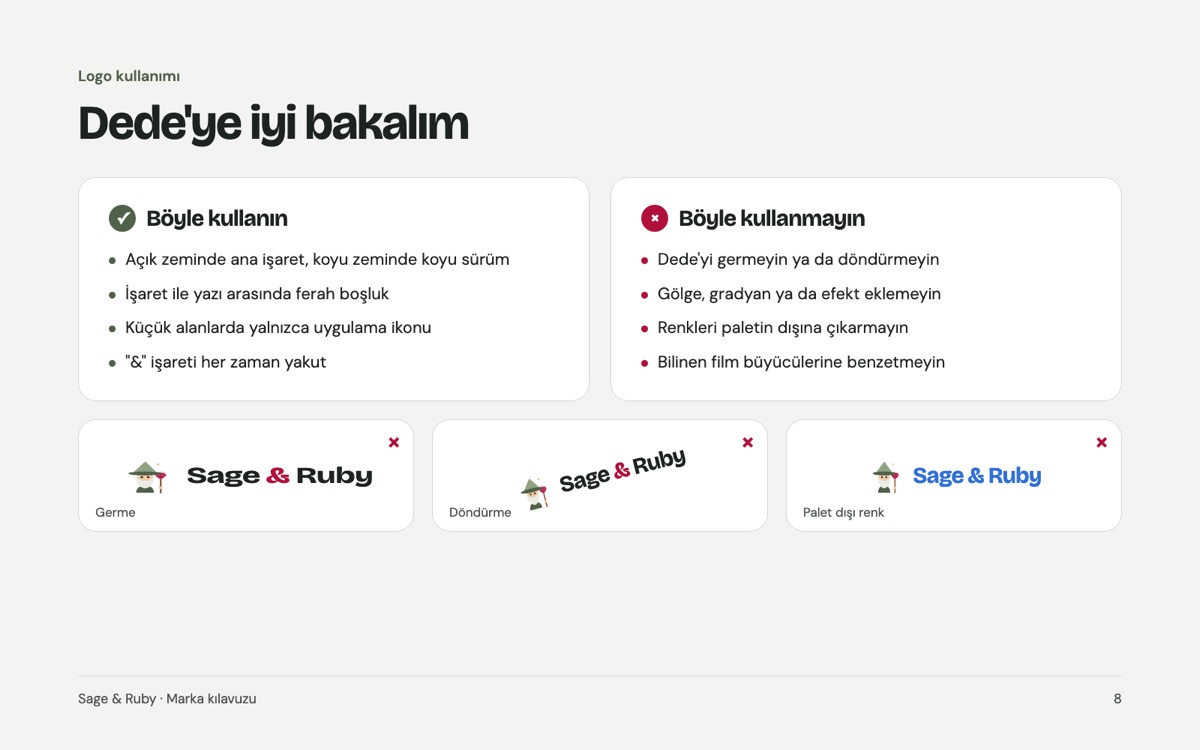 Logo kuralları: böyle kullanın ve böyle kullanmayın listeleri; germe, döndürme ve palet dışı renk örnekleri.
